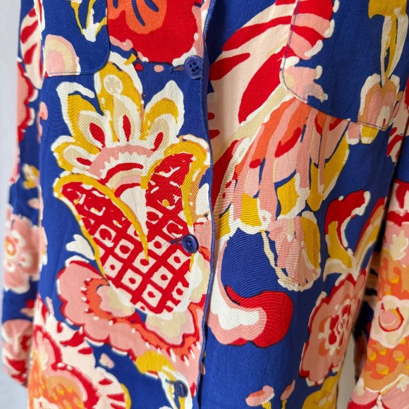 TORY BURCH SHIRT SILK BUTTON FRONT FLORAL ROLL TAB SLEEVE CHEST POCKET VIBRANT 4 - Picture 9 of 13